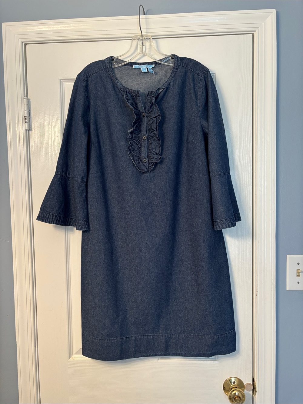 Draper James Denim Ruffle Shift Dress Bell Sleeve Size 12